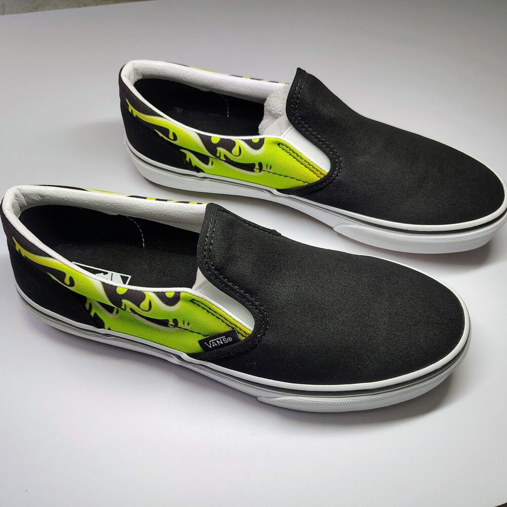 Vans Classic Slime Flame Slip On Sneaker Skate Shoe Juniors 7 Black/Neon NWOT